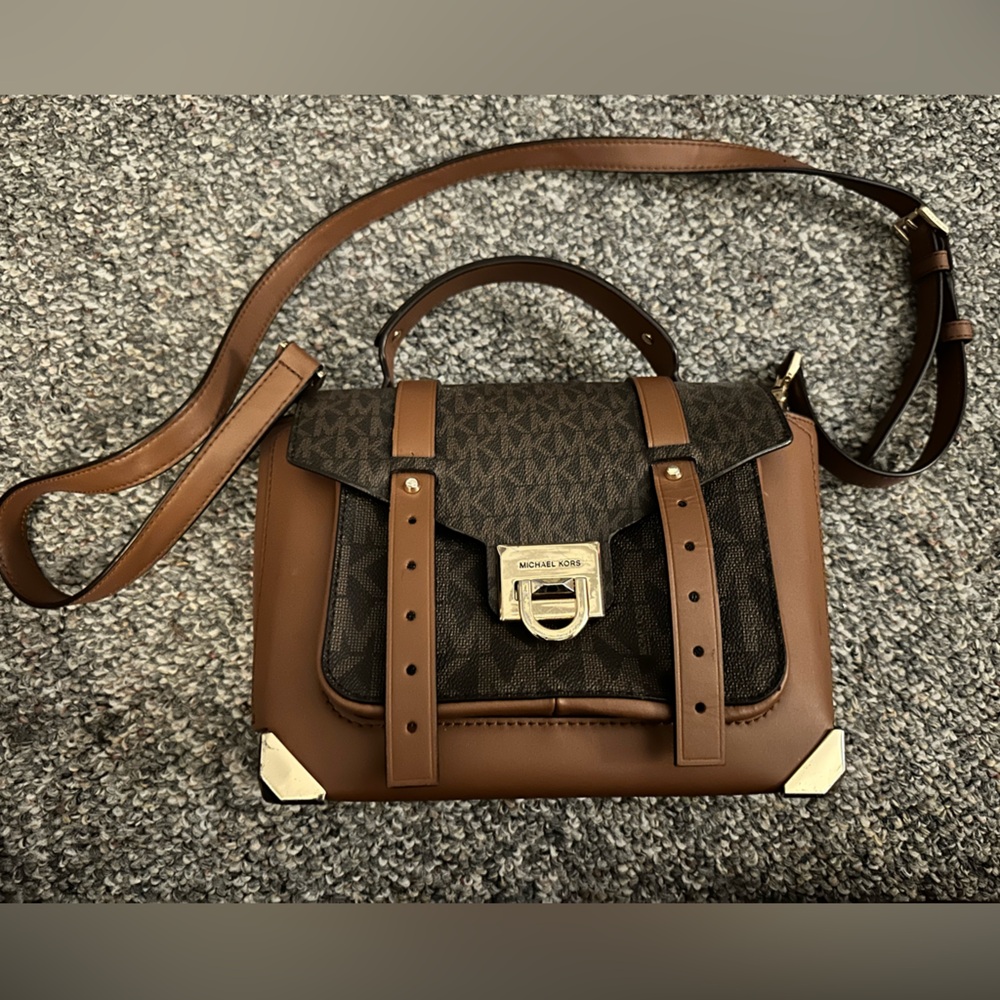 Michael Kors Brown and Dark Brown Monogram Crossbody Satchel